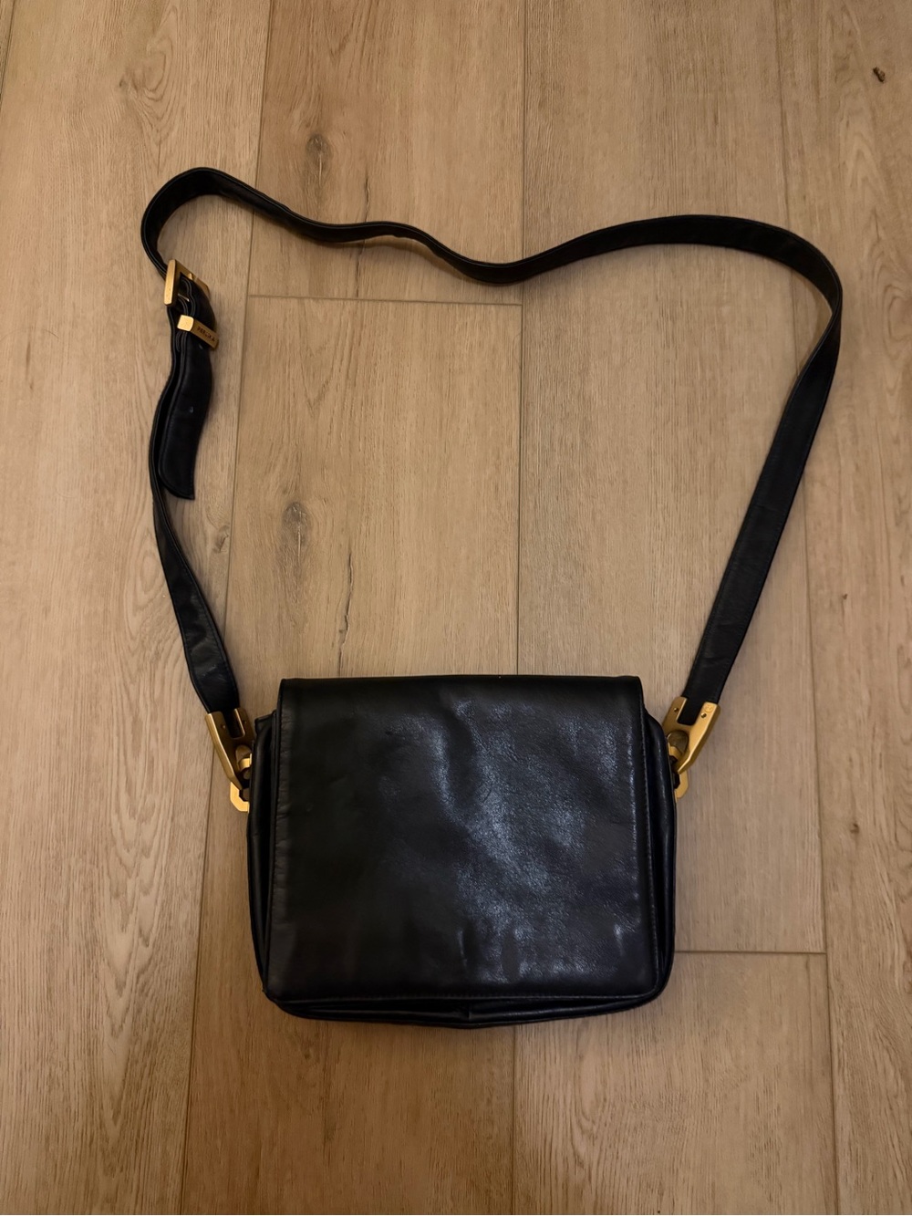 Perlina Black Leather Crossbody Bag with Gold Hardware